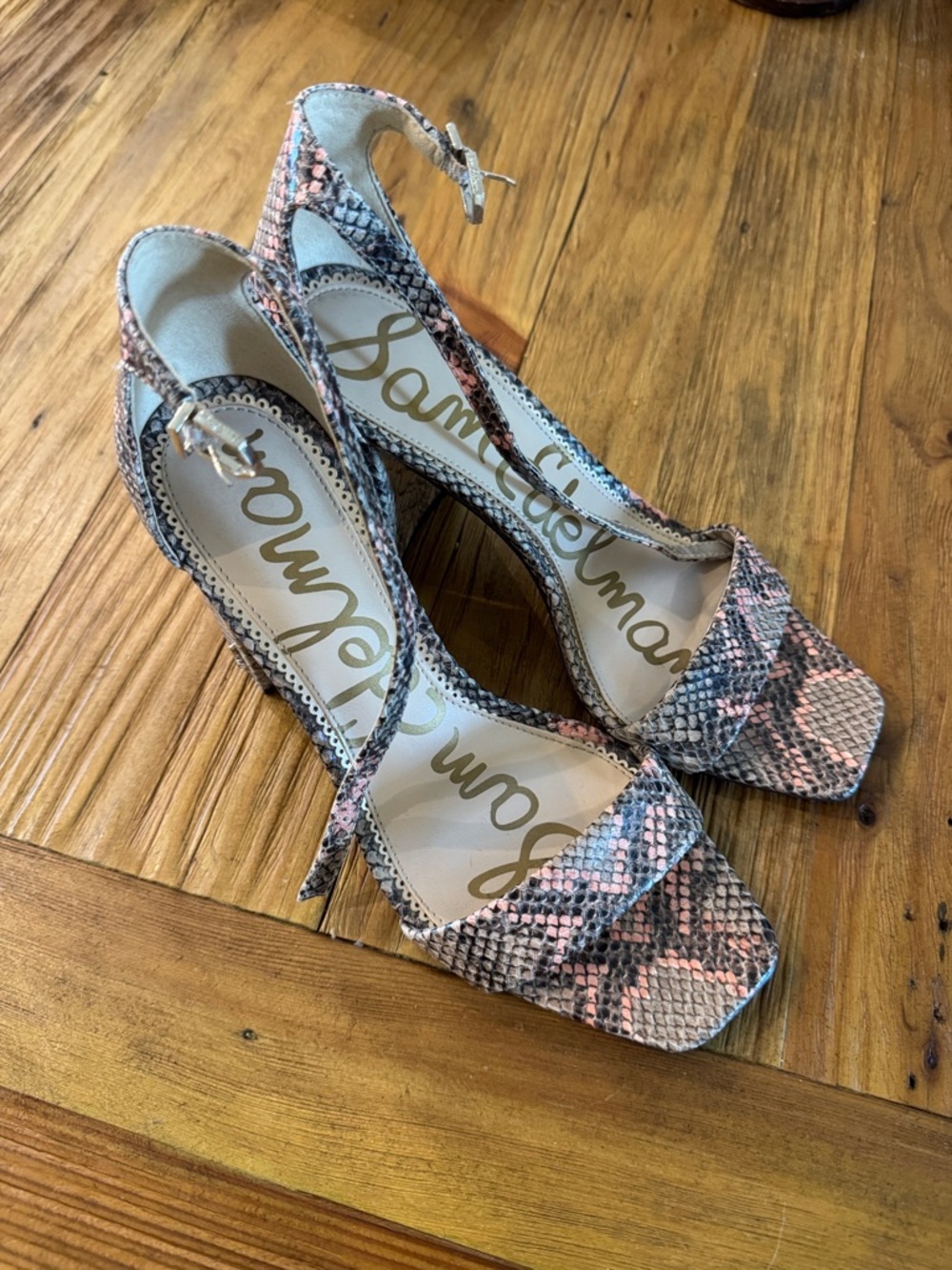 Sam Edelman Pink and Gray Snake-Print Slingback Heels